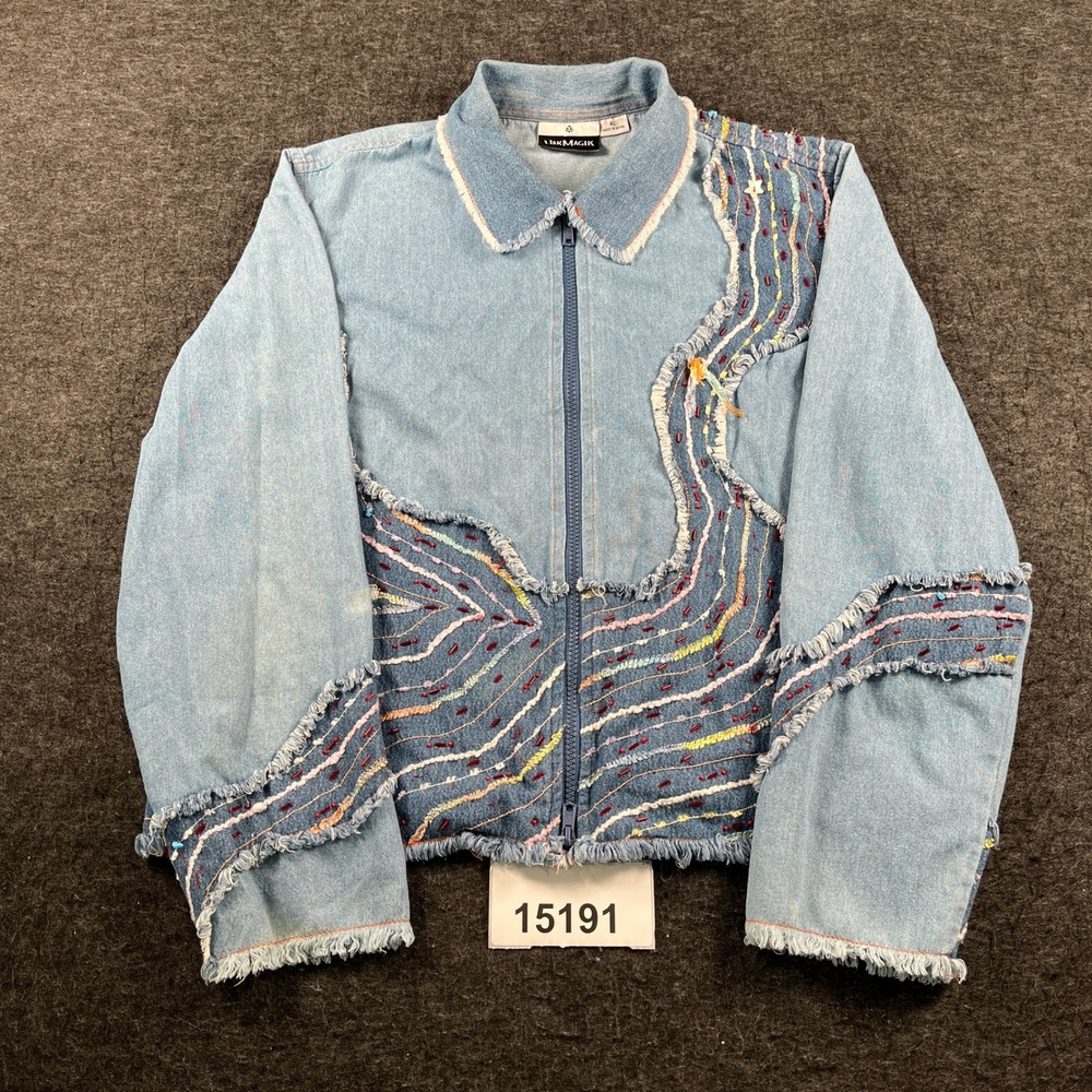 YakMagik Denim Jacket Womens XL Blue Excellent Beaded Embroidered Zip Up